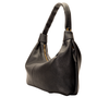 A black pebbled leather hobo shoulder bag with a gold zipper accent, shown from a three-quarters angle on a plain white background.